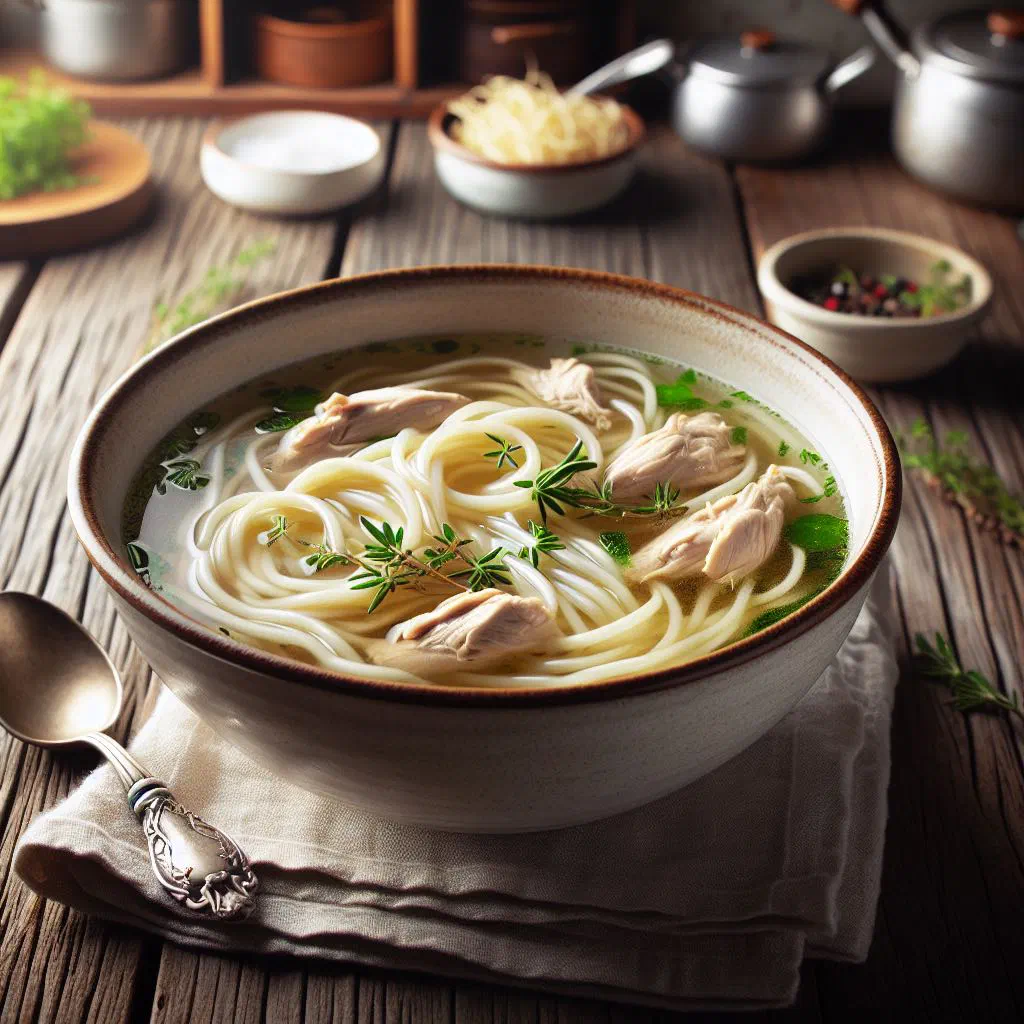 Bowl of Romanian chicken noodle soup with carrots and fresh parsley