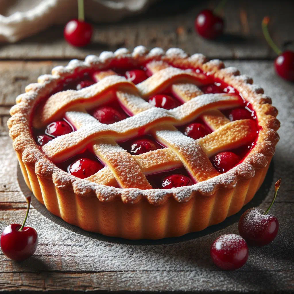 Golden Romanian sour cherry tart dusted with icing sugar