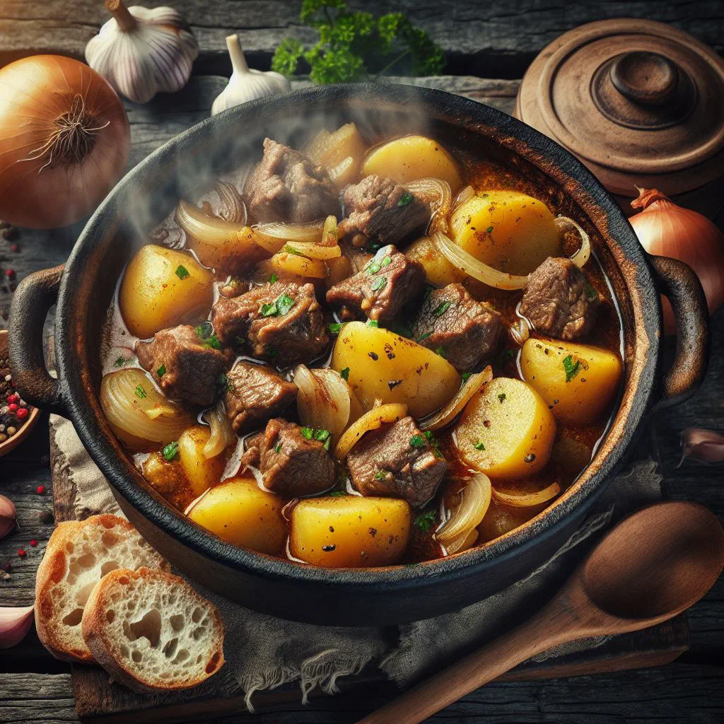 Romanian potato and meat stew in a tomato sauce, garnished with parsley