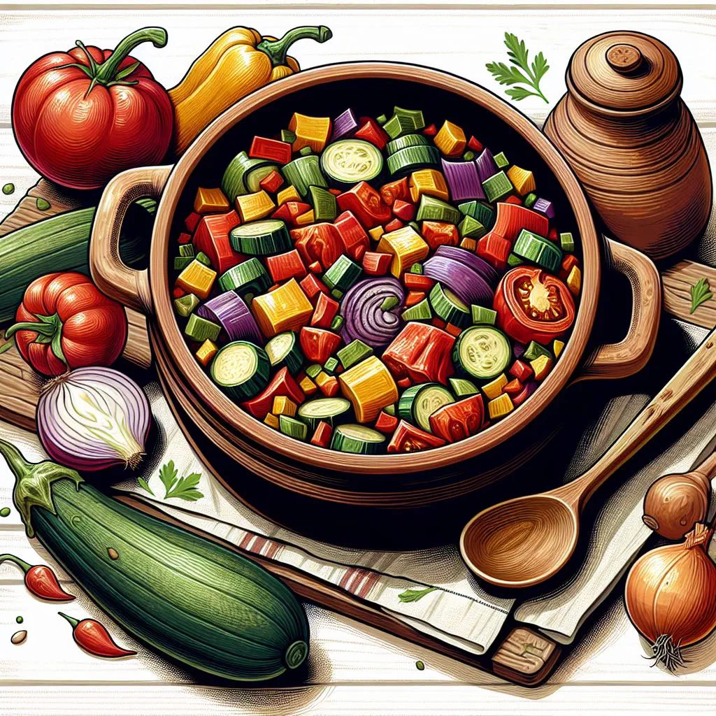 Colourful Romanian vegetable stew with peppers, courgette and tomatoes in a rustic bowl