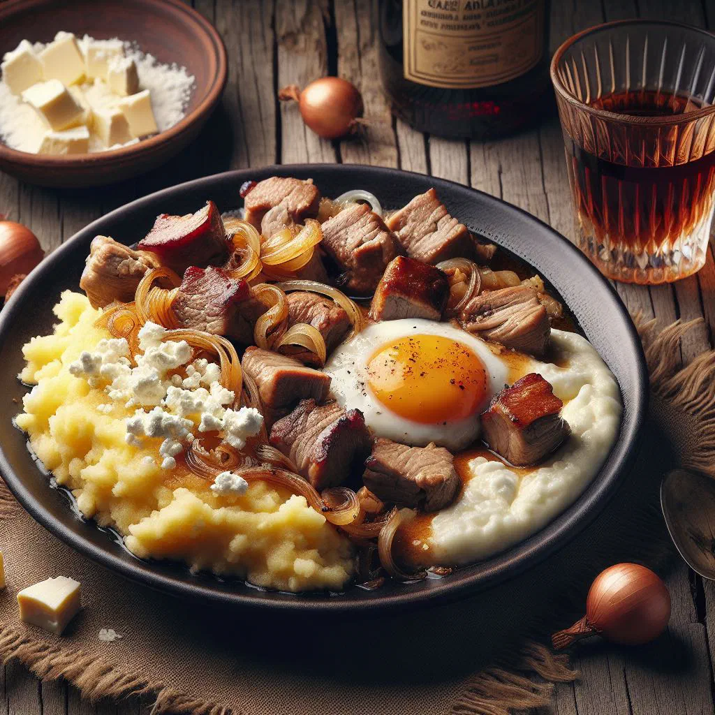 Transylvanian pork and sausage stew served with creamy polenta