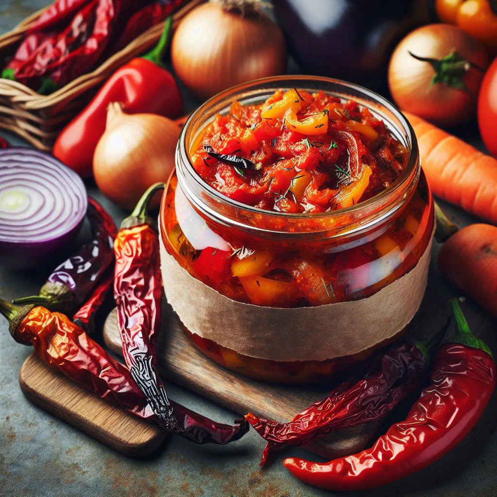 Bowl of roasted pepper zacuscă garnished with fresh herbs and served with bread