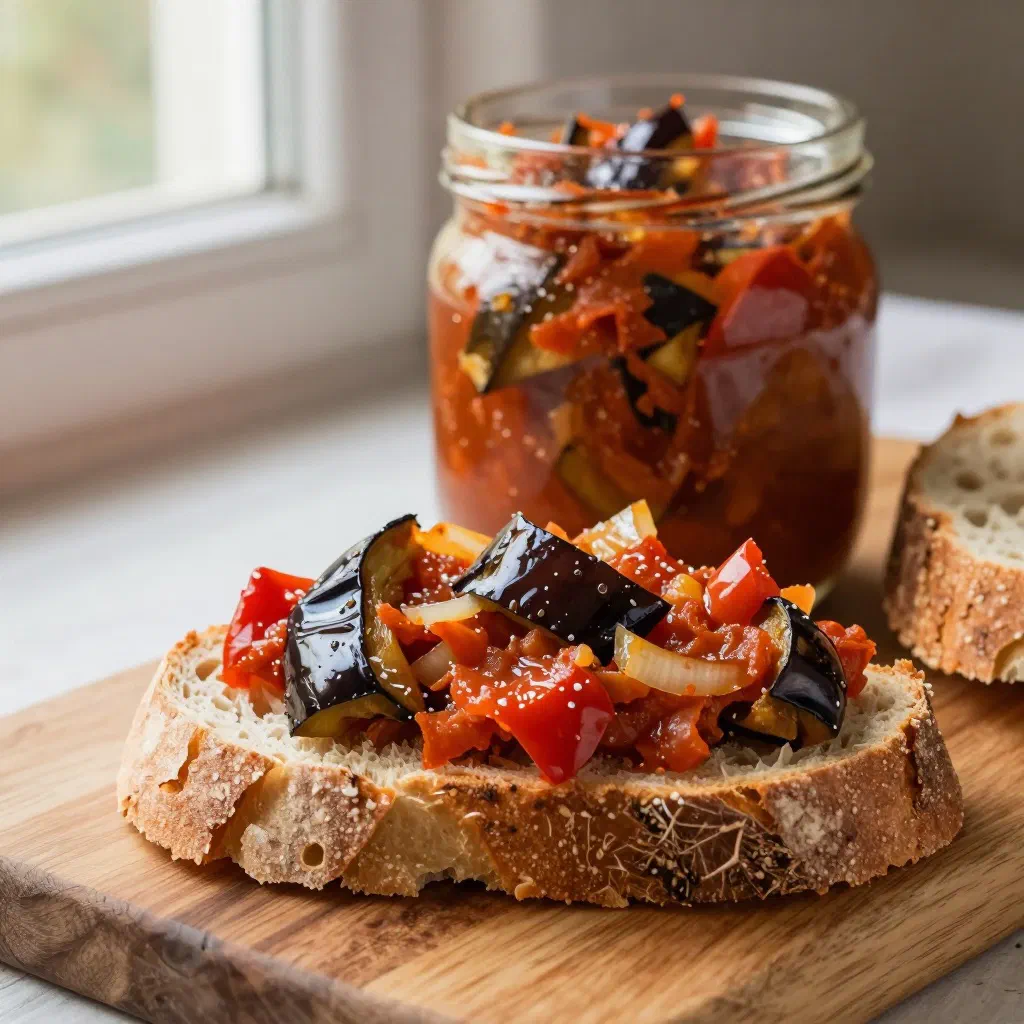 A jar of Romanian zacuscă spread with roasted peppers and aubergine, served with fresh bread