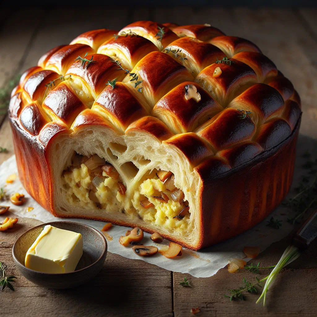 Golden-baked potato babka in a ceramic dish, garnished with fresh dill