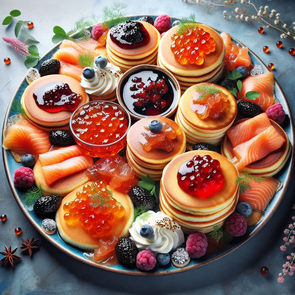 A stack of thin golden Russian blini served with a spoonful of sour cream
