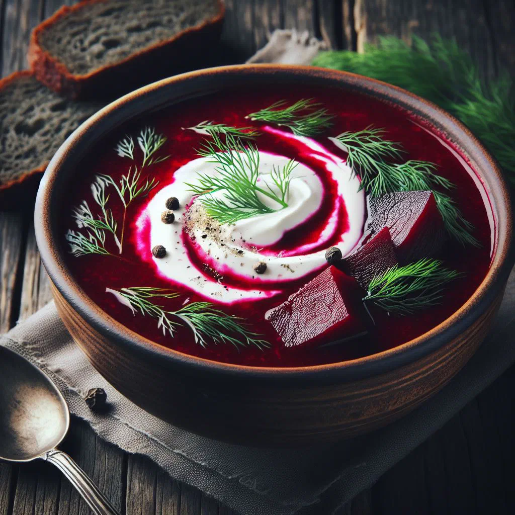 A bowl of bright red borscht topped with a swirl of soured cream and fresh dill