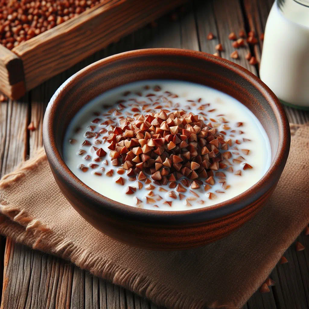 Bowl of creamy buckwheat cooked in milk, topped with honey
