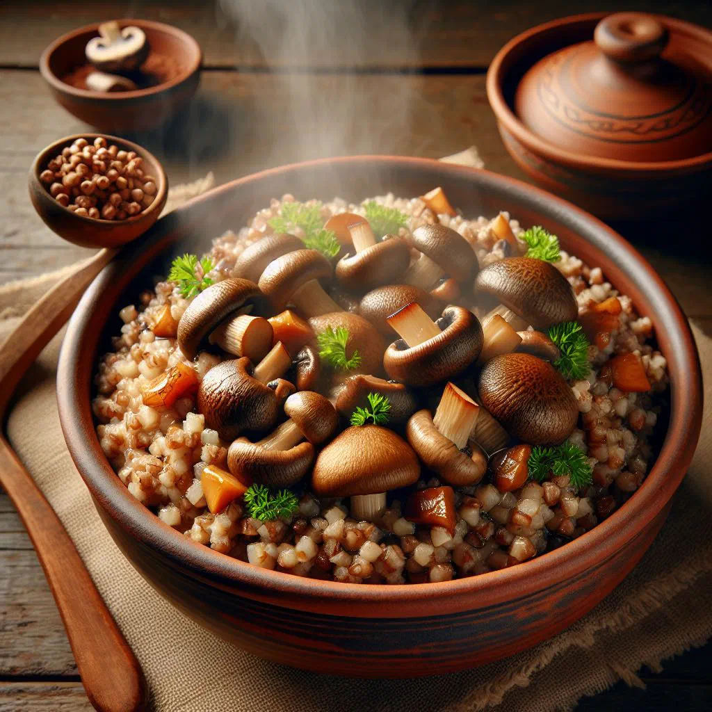 Bowl of buckwheat with sautéed mushrooms and fresh herbs