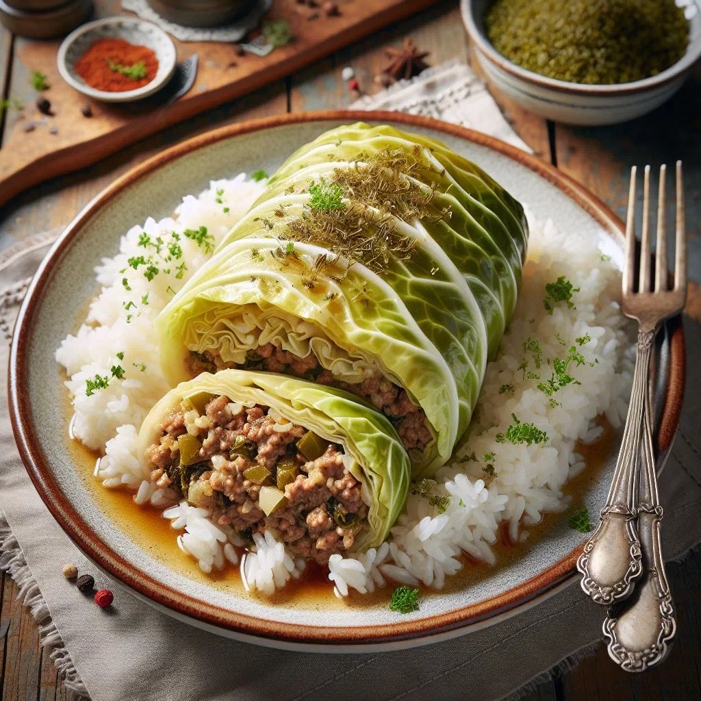 Russian cabbage rolls in tomato sauce garnished with fresh herbs
