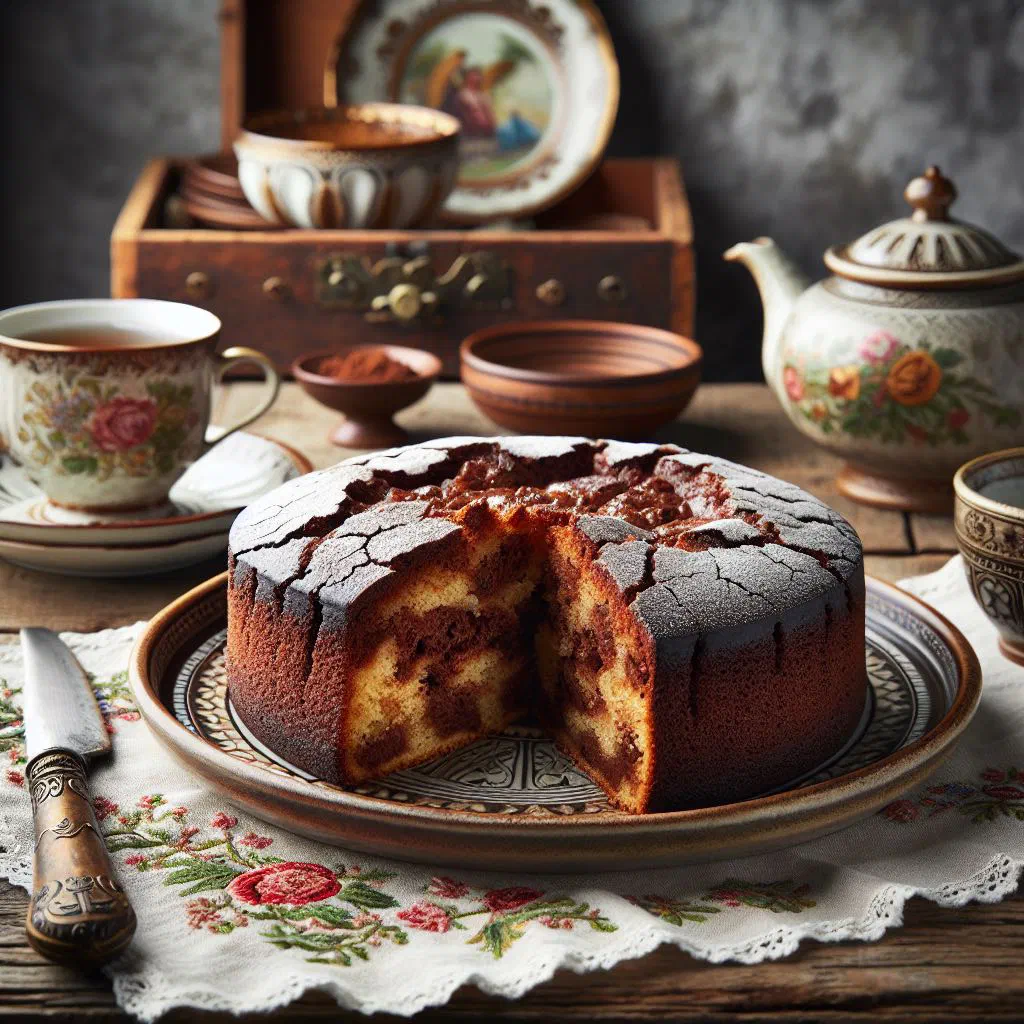 Russian cheryomukha cake with a fruity cherry filling dusted with icing sugar