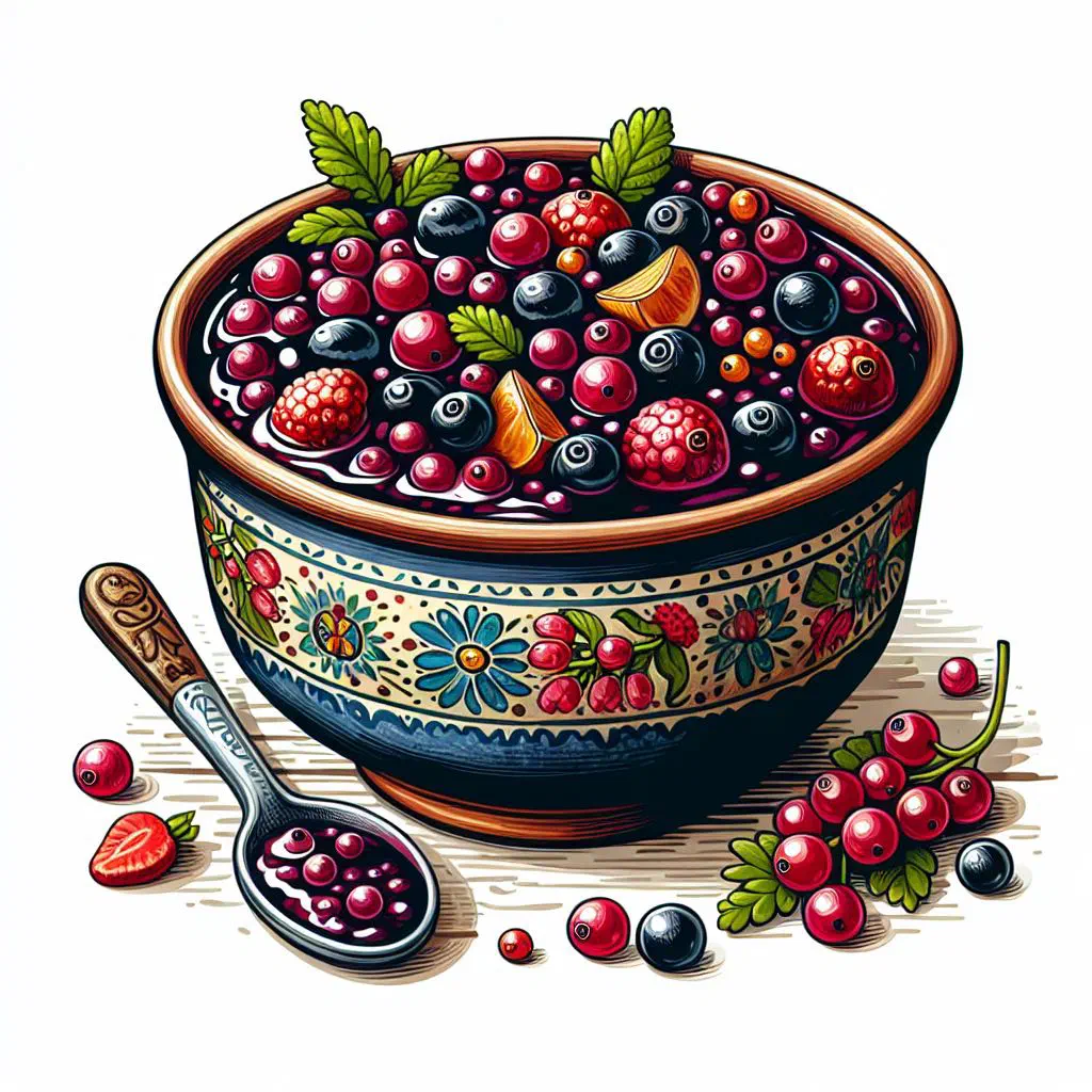 A bowl of thick red forest fruit kissel topped with fresh berries