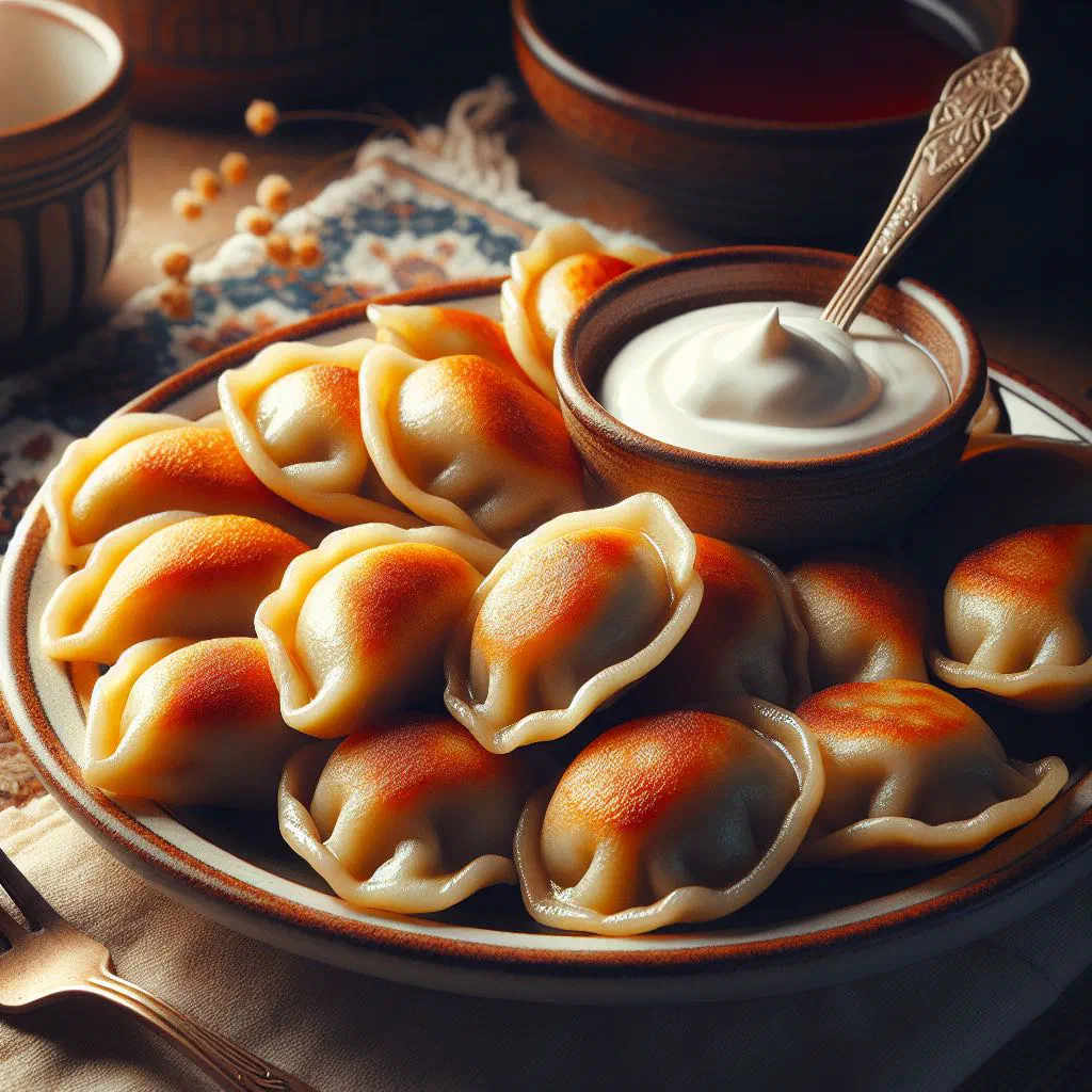 Golden pan-fried pelmeni dumplings garnished with fresh dill