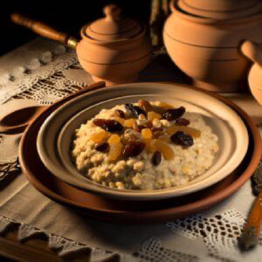 Bowl of creamy Gurievskaya kasha topped with nuts and dried fruit