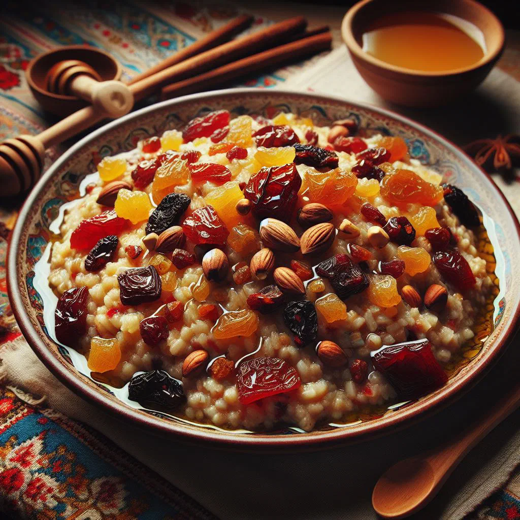 Creamy Gurjewskaja kasha topped with nuts and dried fruit