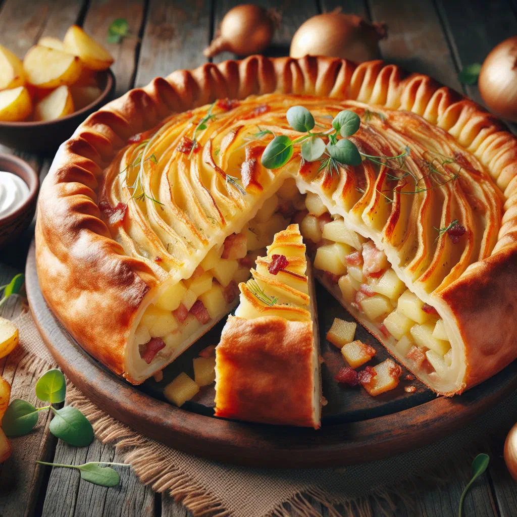 Golden-baked potato and meat casserole garnished with fresh herbs