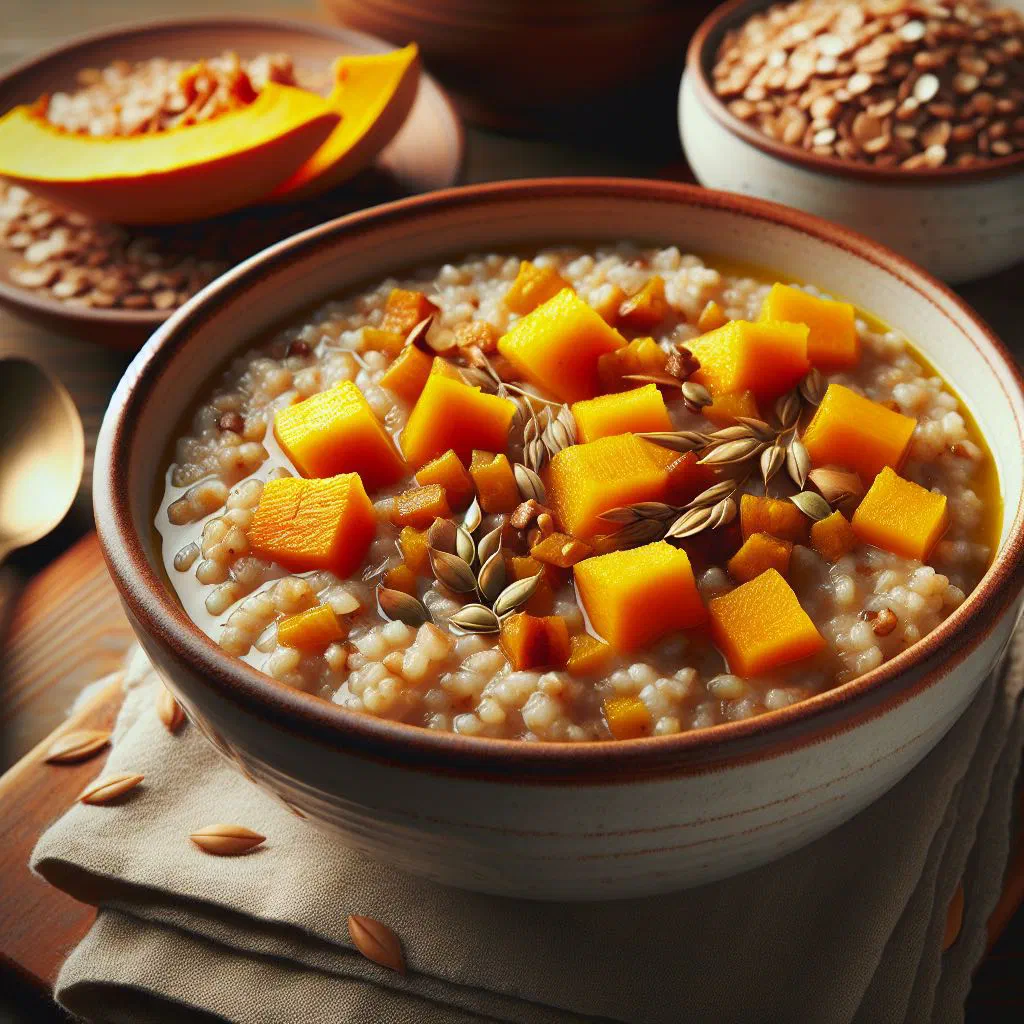 Bowl of Russian pumpkin kasha topped with a dusting of cinnamon