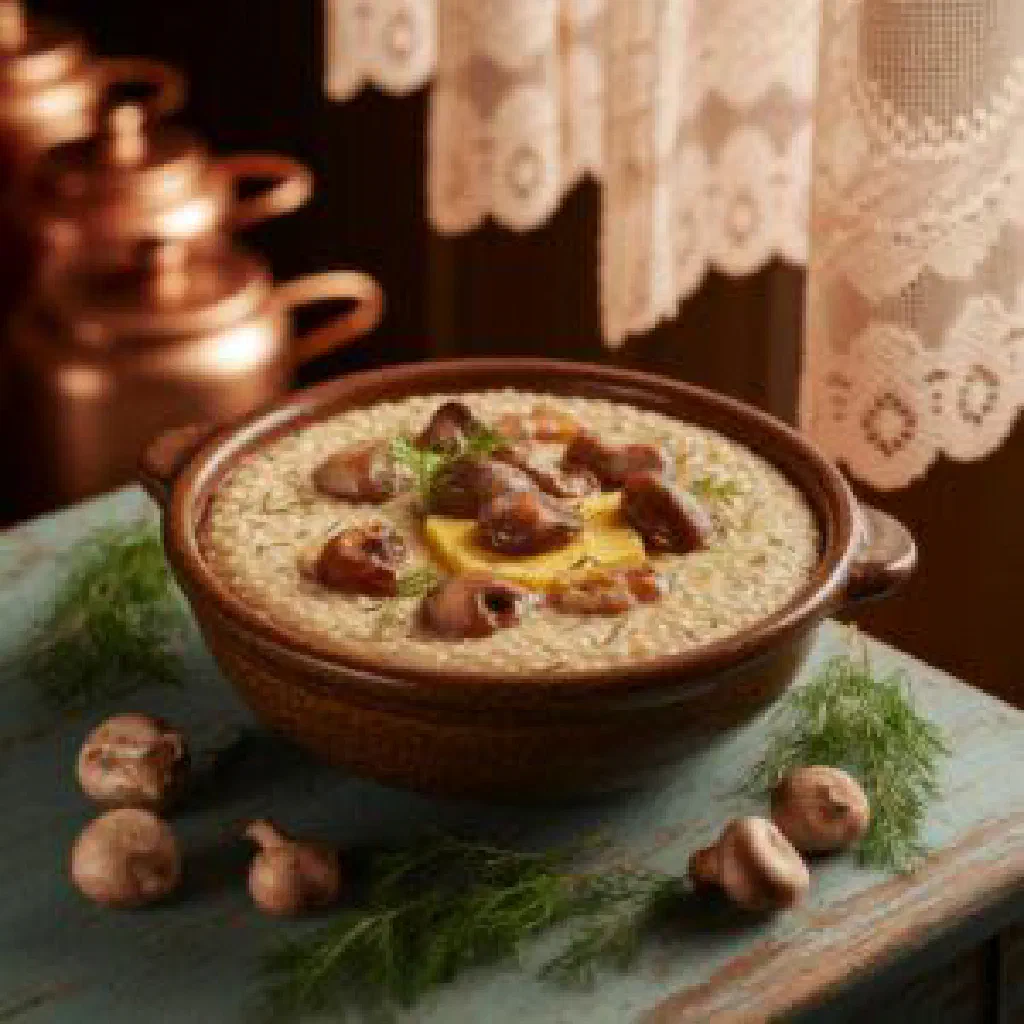 Bowl of buckwheat kasha with mushrooms, vegetables and fresh herbs
