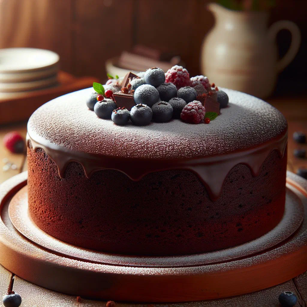 Slice of moist kefir chocolate cake dusted with icing sugar