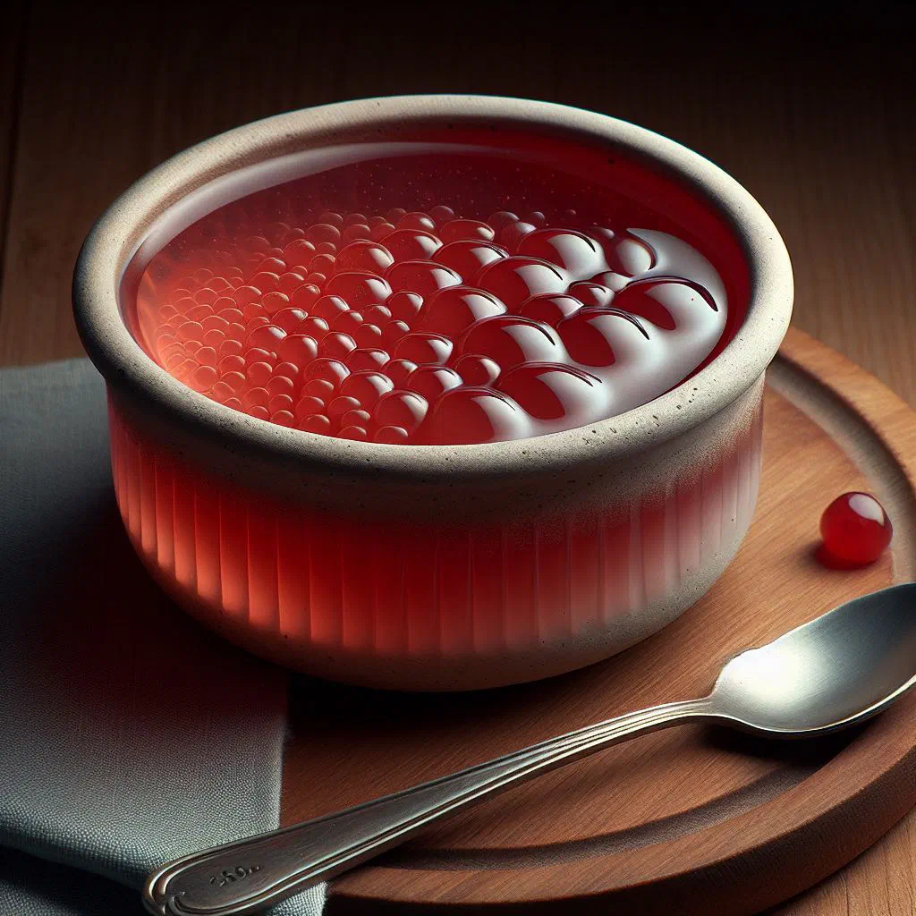 Glass of red berry kisel topped with fresh fruit