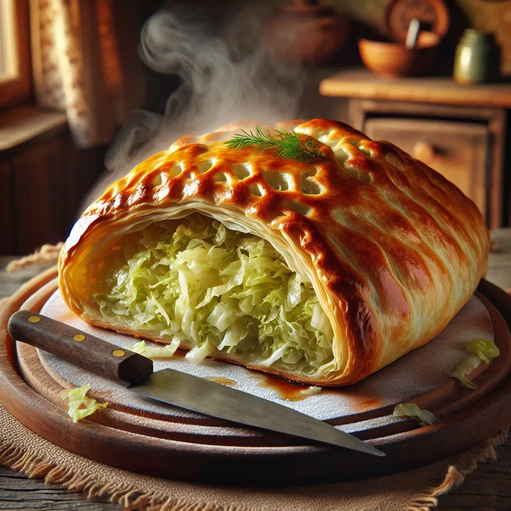 Golden baked koulibiak filled with cabbage, sliced to reveal the filling
