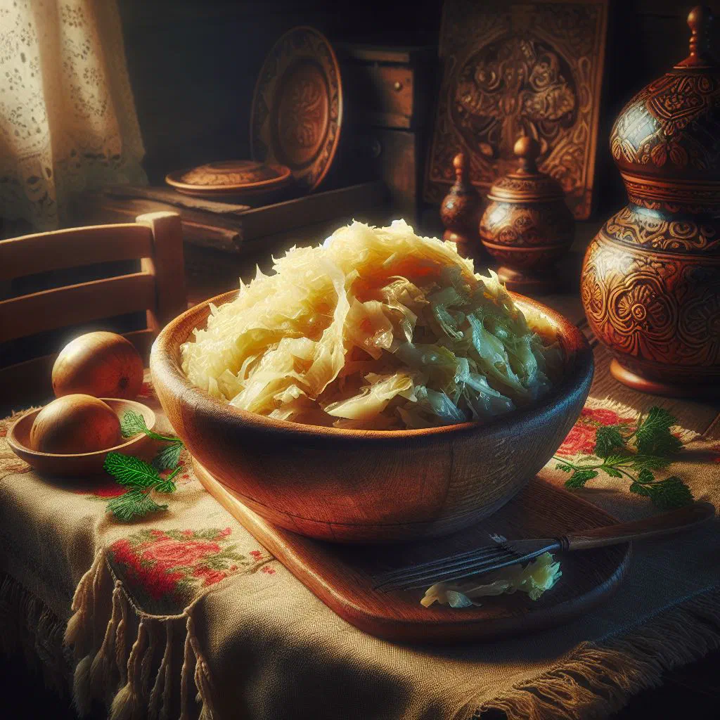 Bowl of Russian fermented cabbage with shredded carrots