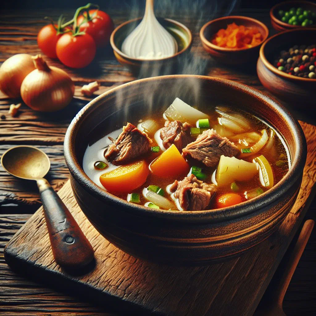 A bowl of chilled Russian kvass soup with cucumber, radish and fresh herbs