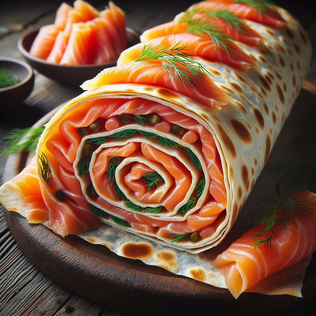 Sliced lavash rolls filled with salmon, cream cheese and dill on a plate