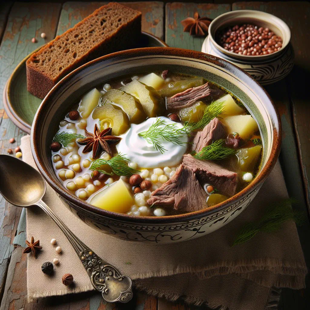 Bowl of Leningrad rassolnik soup with beef, vegetables and pickled cucumber, garnished with fresh dill