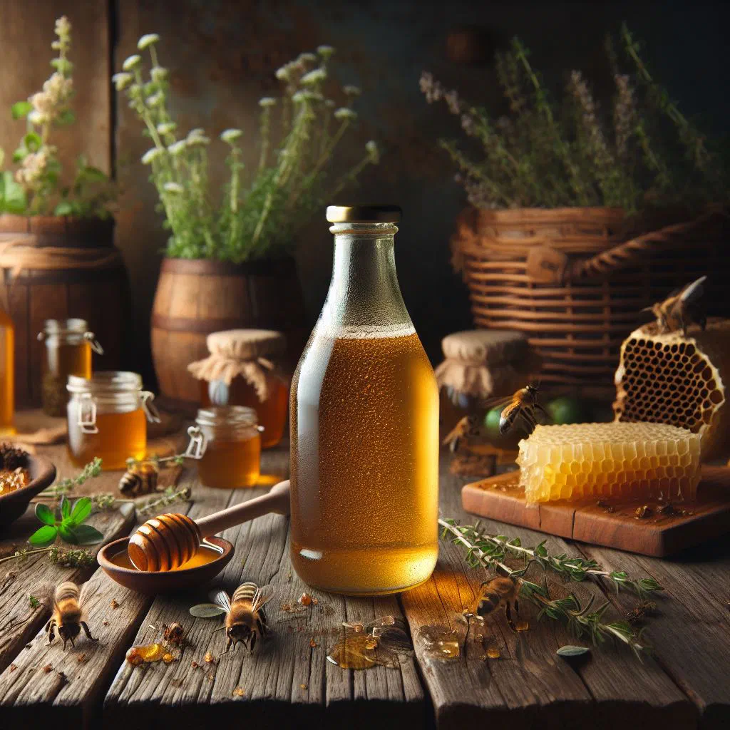 A glass of warm Russian medovukha honey drink garnished with fresh mint