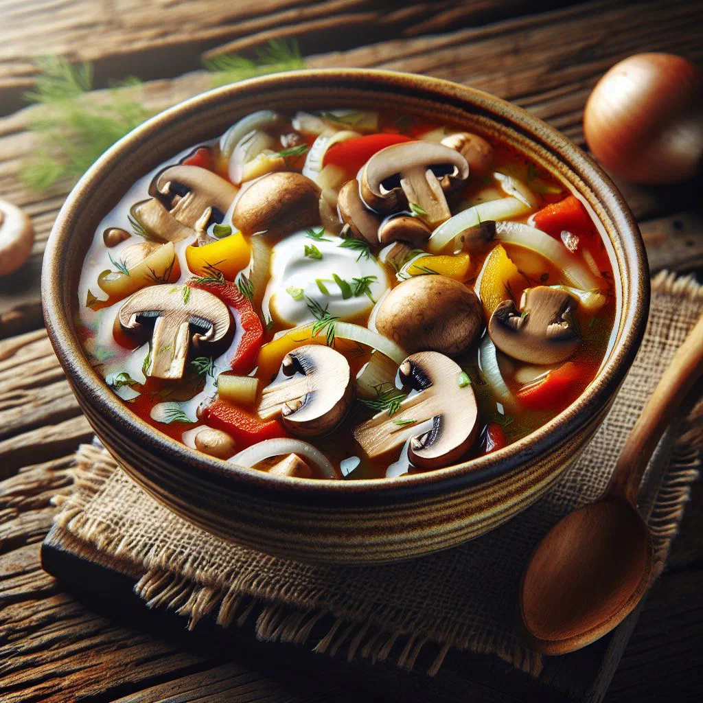 Bowl of hearty mushroom solyanka soup garnished with fresh dill