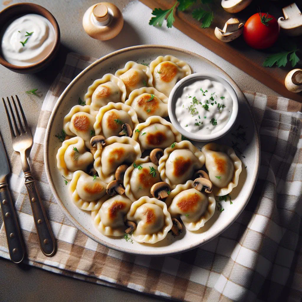 Mushroom vareniki dumplings served with butter and fresh herbs