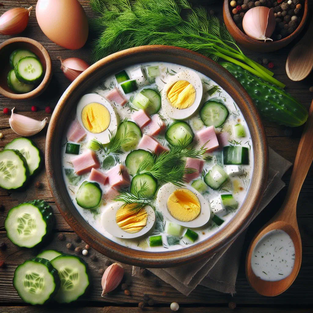 Bowl of okroshka cold soup with diced vegetables, ham and dill