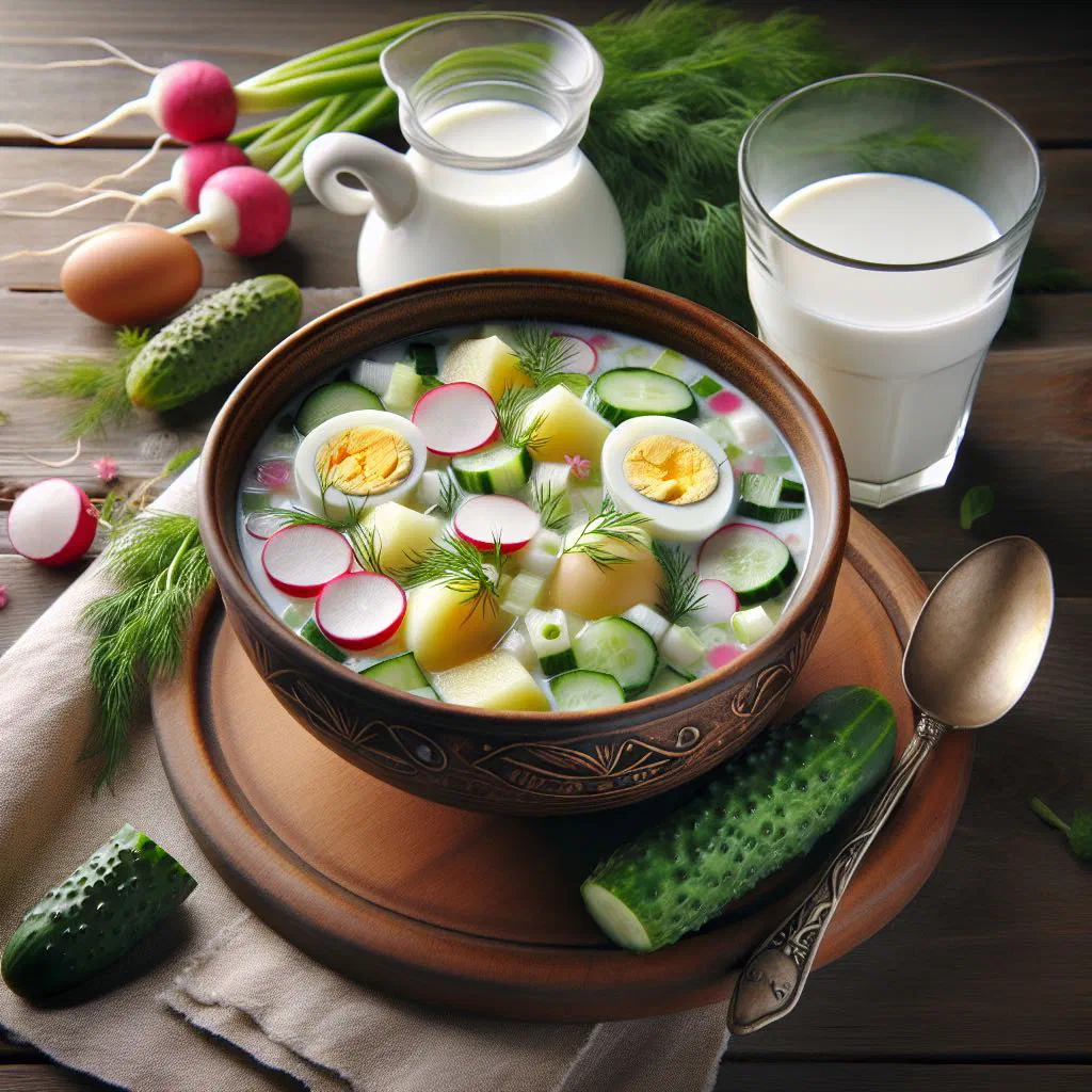 A bowl of cold okroshka with diced vegetables, sausage and egg in a kefir base