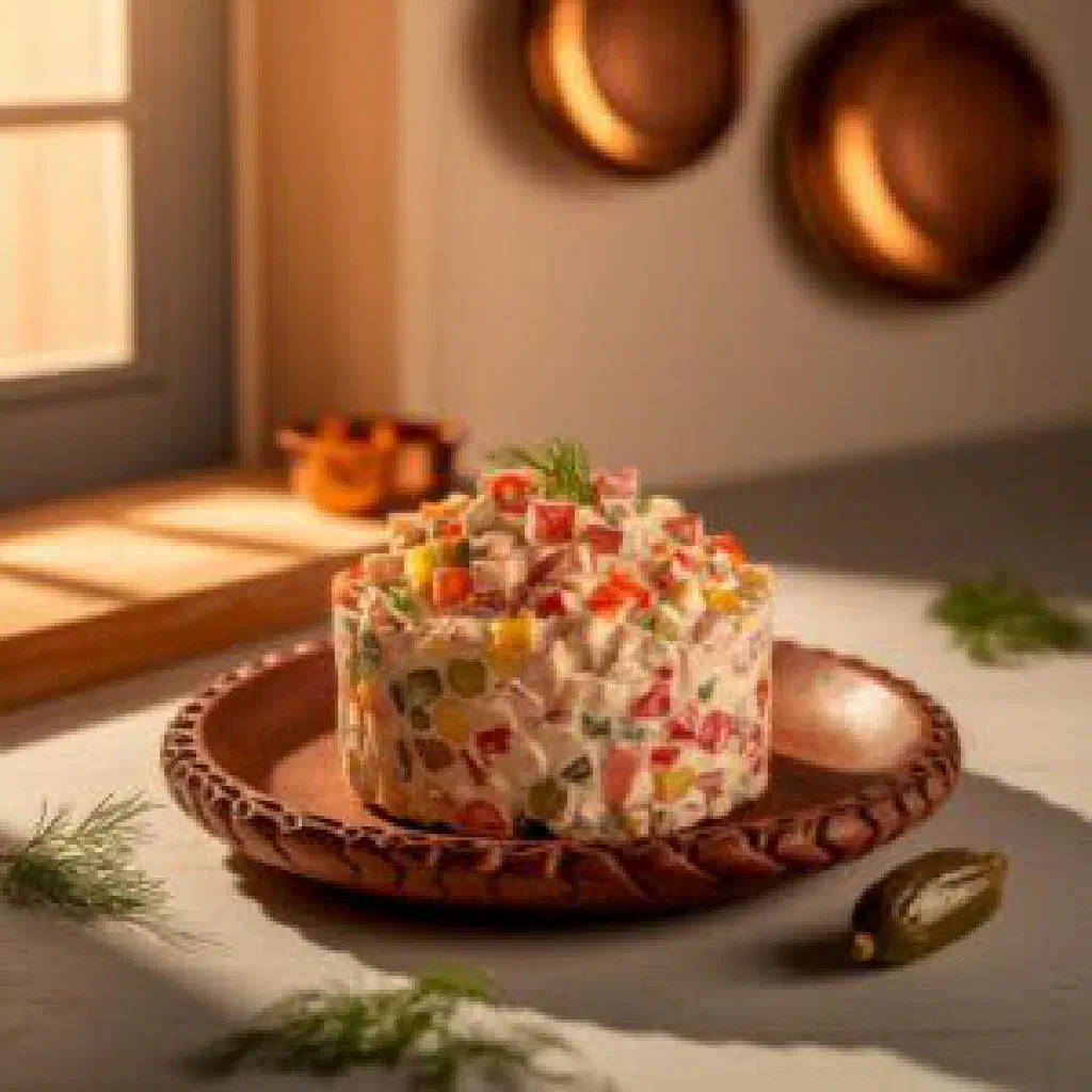 Bowl of creamy Olivier salad with diced potatoes, carrots, peas and pickles
