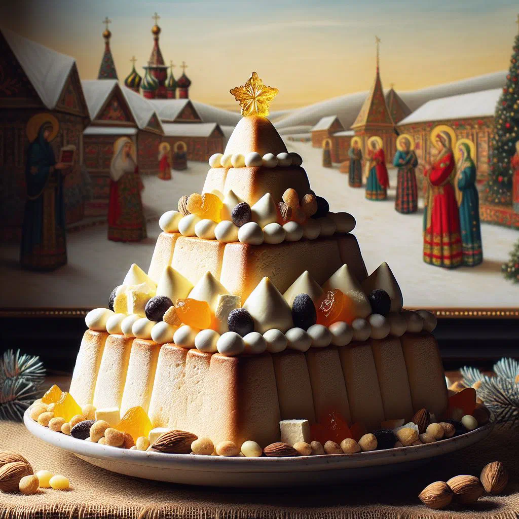 Pyramid-shaped Russian paskha dessert decorated with almonds and dried fruit