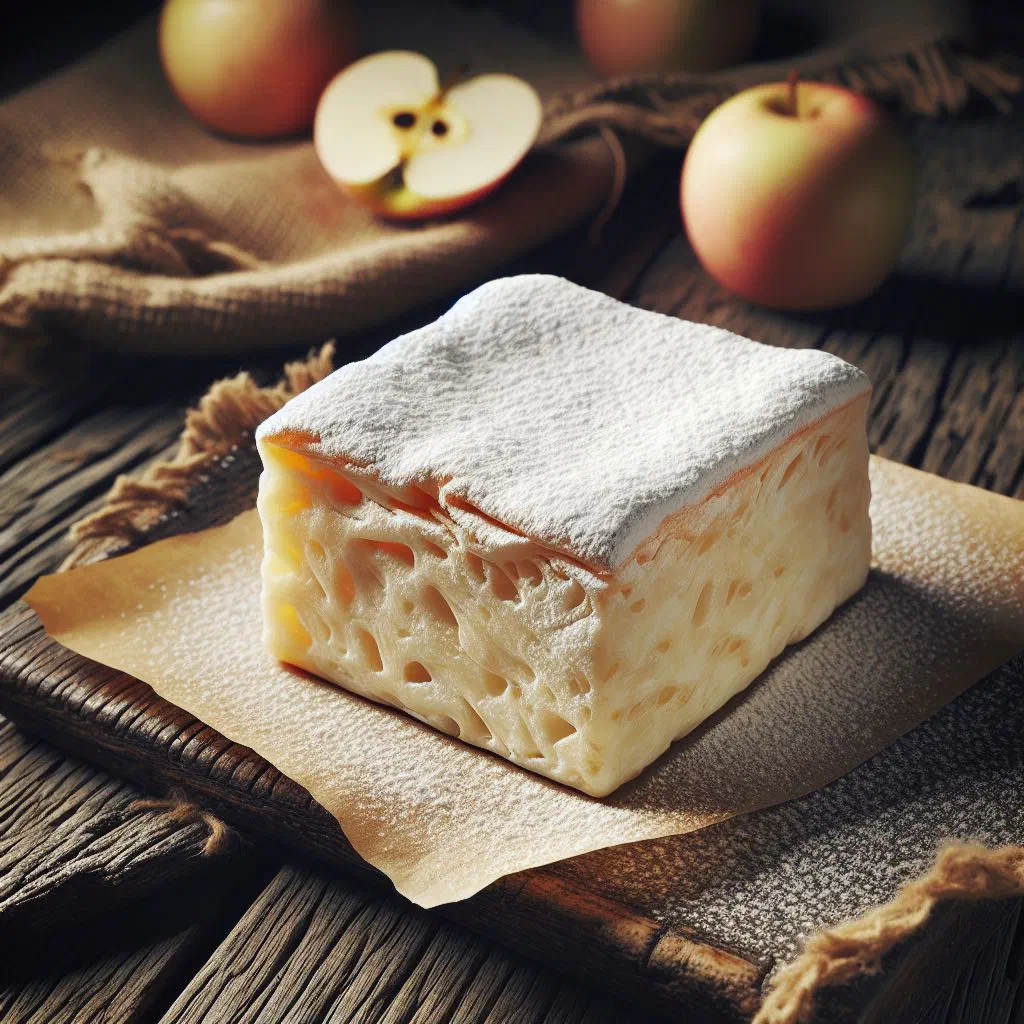 Pieces of pale apple pastila dusted with icing sugar on a plate