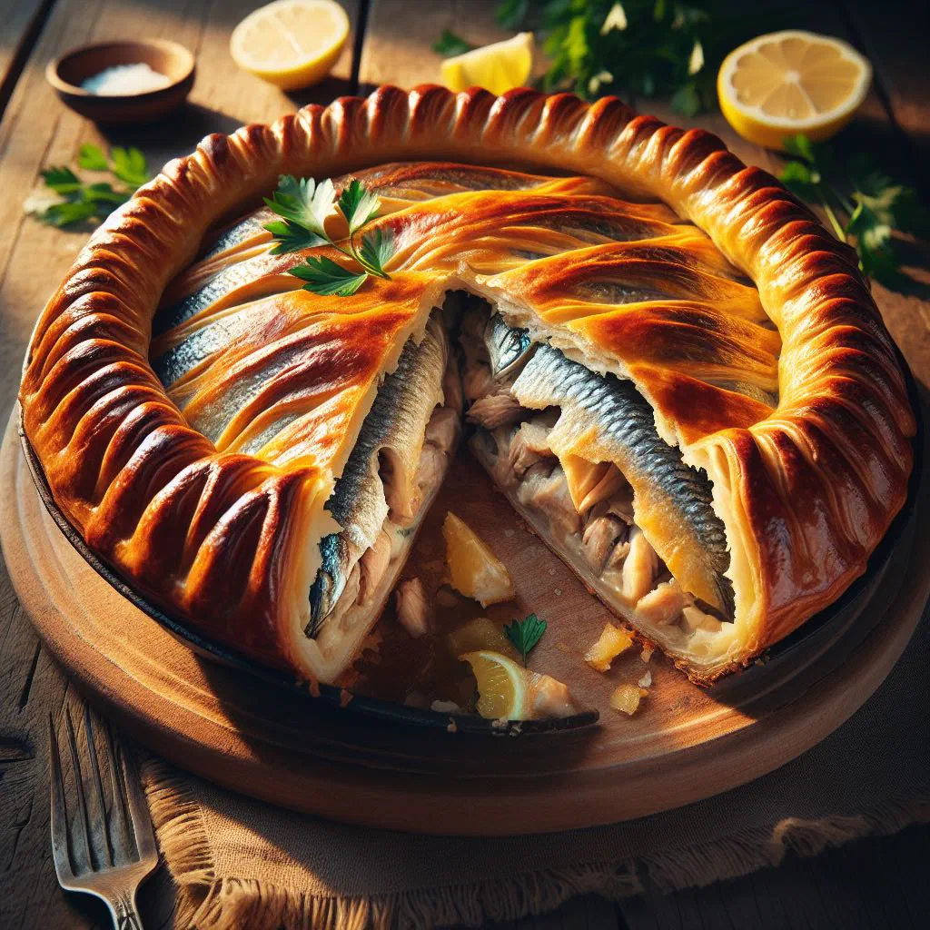 Golden-baked Russian fish pirog cut to show the flaky pastry and fish filling