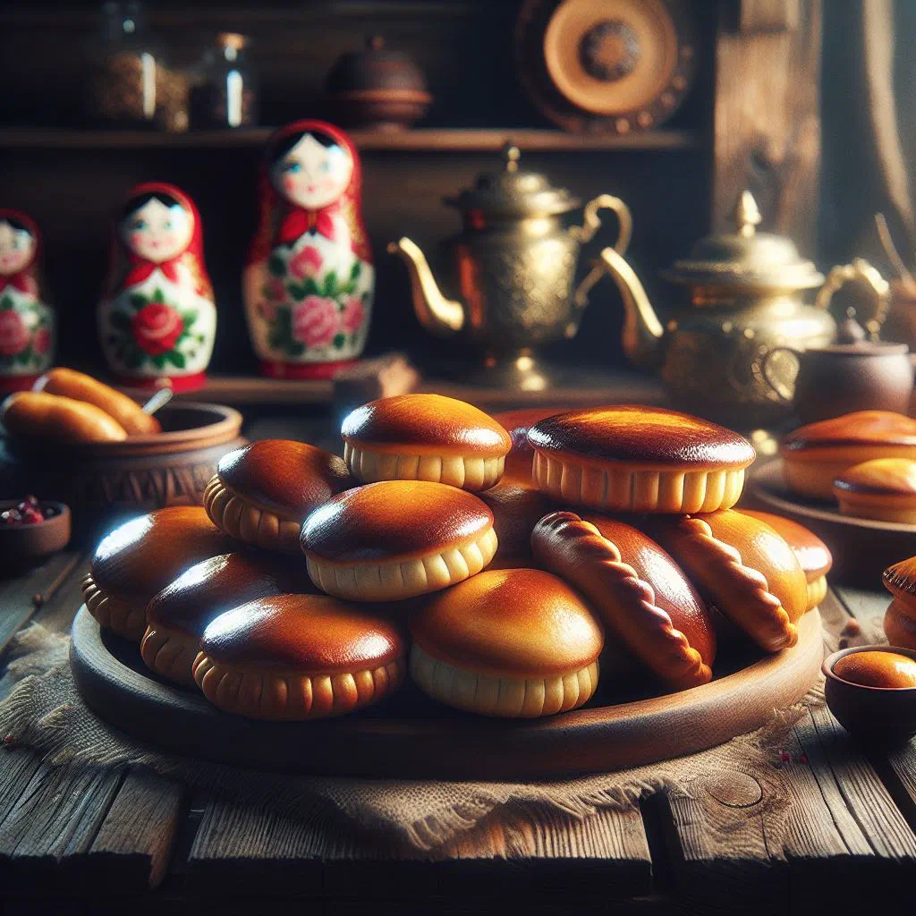 Golden, freshly fried Russian pirozhki stacked on a plate