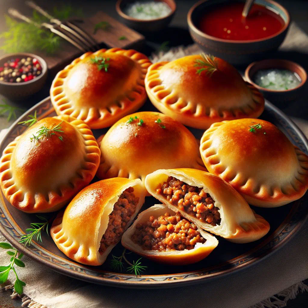 Golden baked pirozhki filled with savoury minced meat
