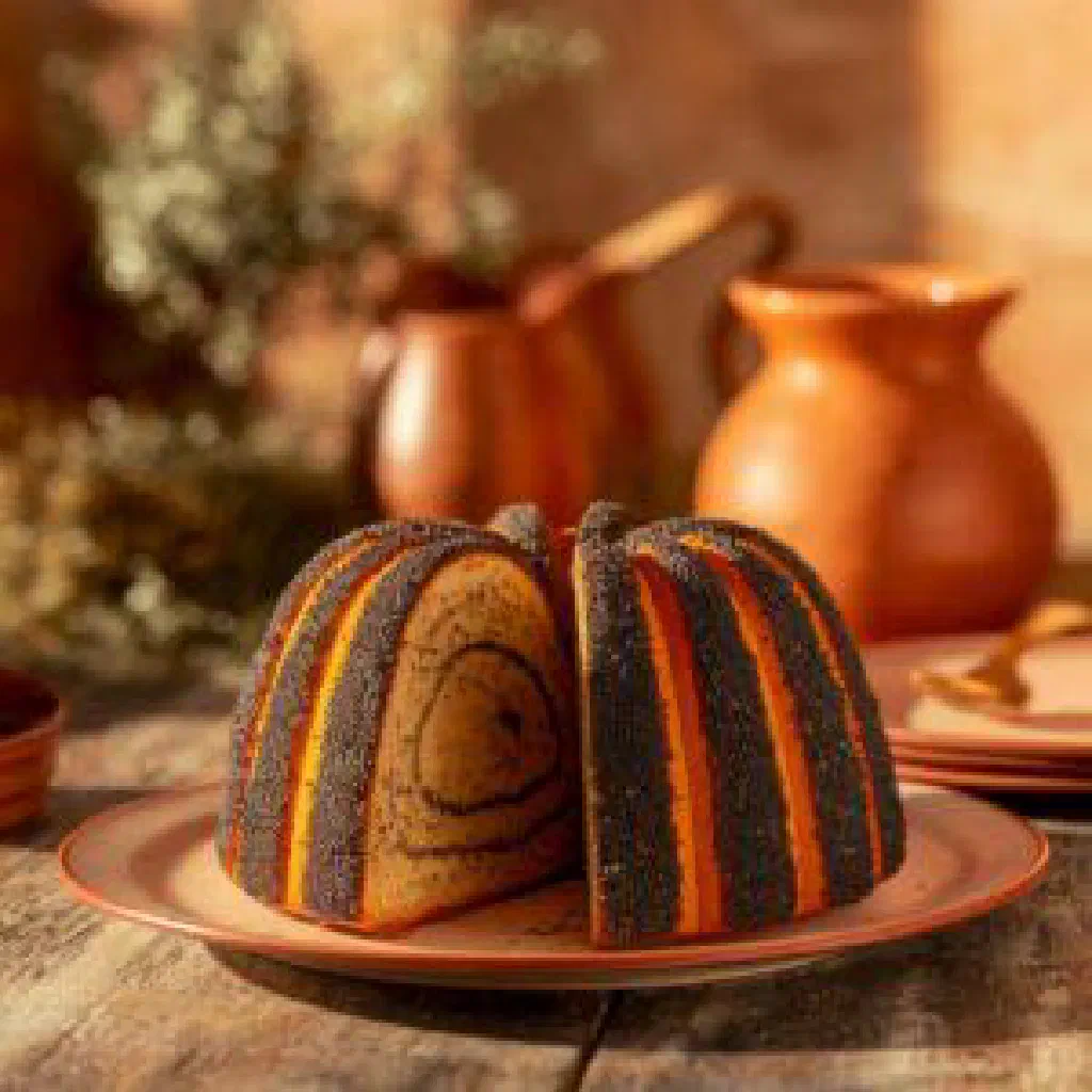 Sliced poppy seed baton with a swirl of dark poppy filling
