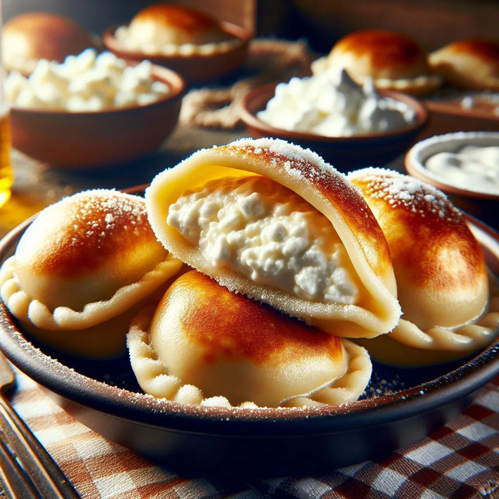 Golden pan-fried quark dumplings garnished with fresh dill and sour cream