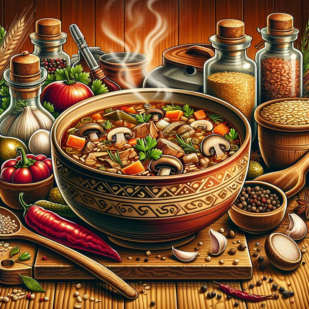 Bowl of rassolnik soup with mushrooms, pickled cucumber and fresh dill