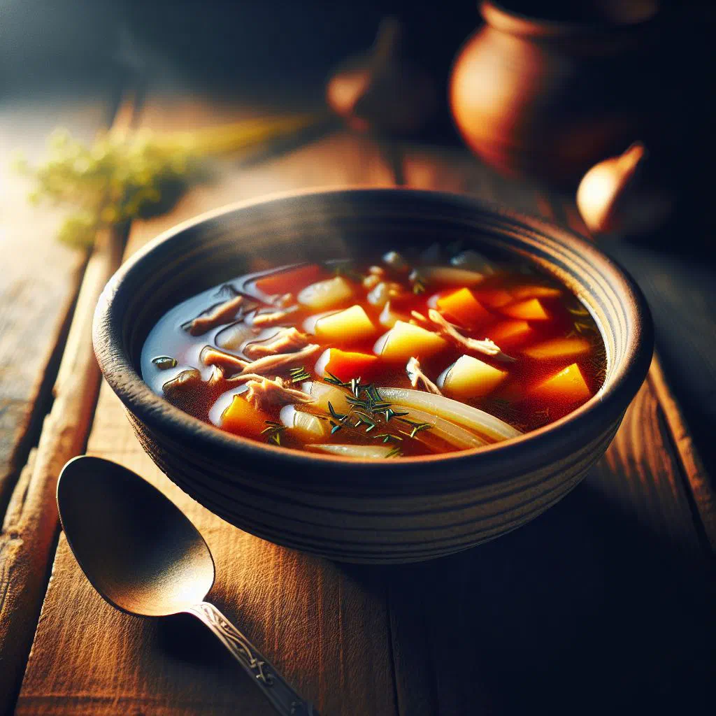 A clear bowl of rosol broth with sliced beef, carrots and fresh dill