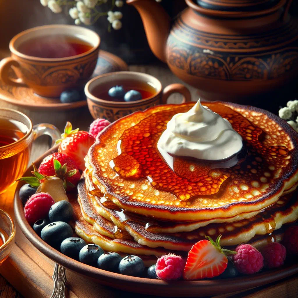 A warm stack of golden Russian honey pancakes drizzled with honey
