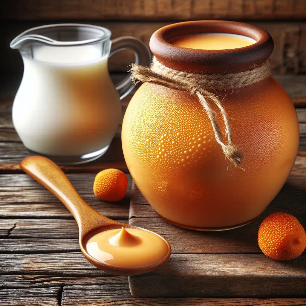 A glass of creamy golden ryazhenka fermented baked milk