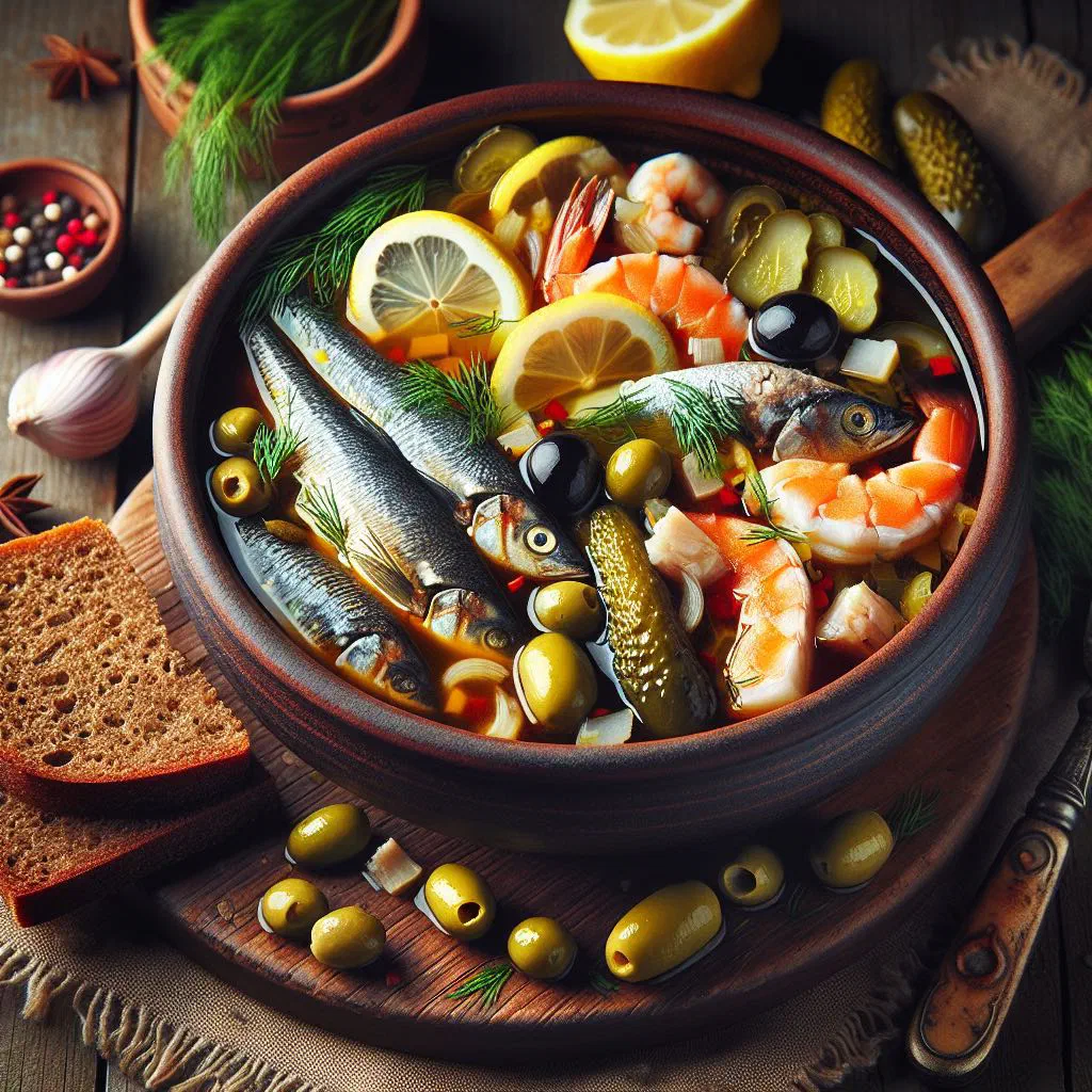 A bowl of Rybnaya Solyanka fish soup garnished with fresh dill and lemon