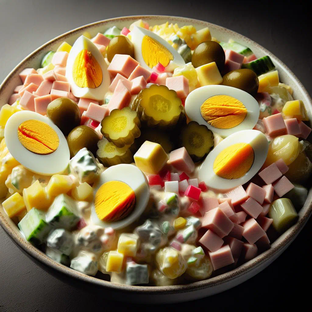 A bowl of Salat Olivier with diced potatoes, peas and creamy mayonnaise dressing