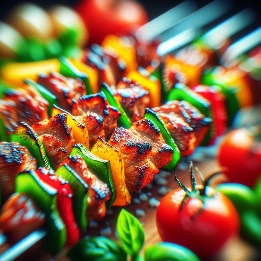 Grilled shashlik skewers of marinated meat with onions and fresh herbs