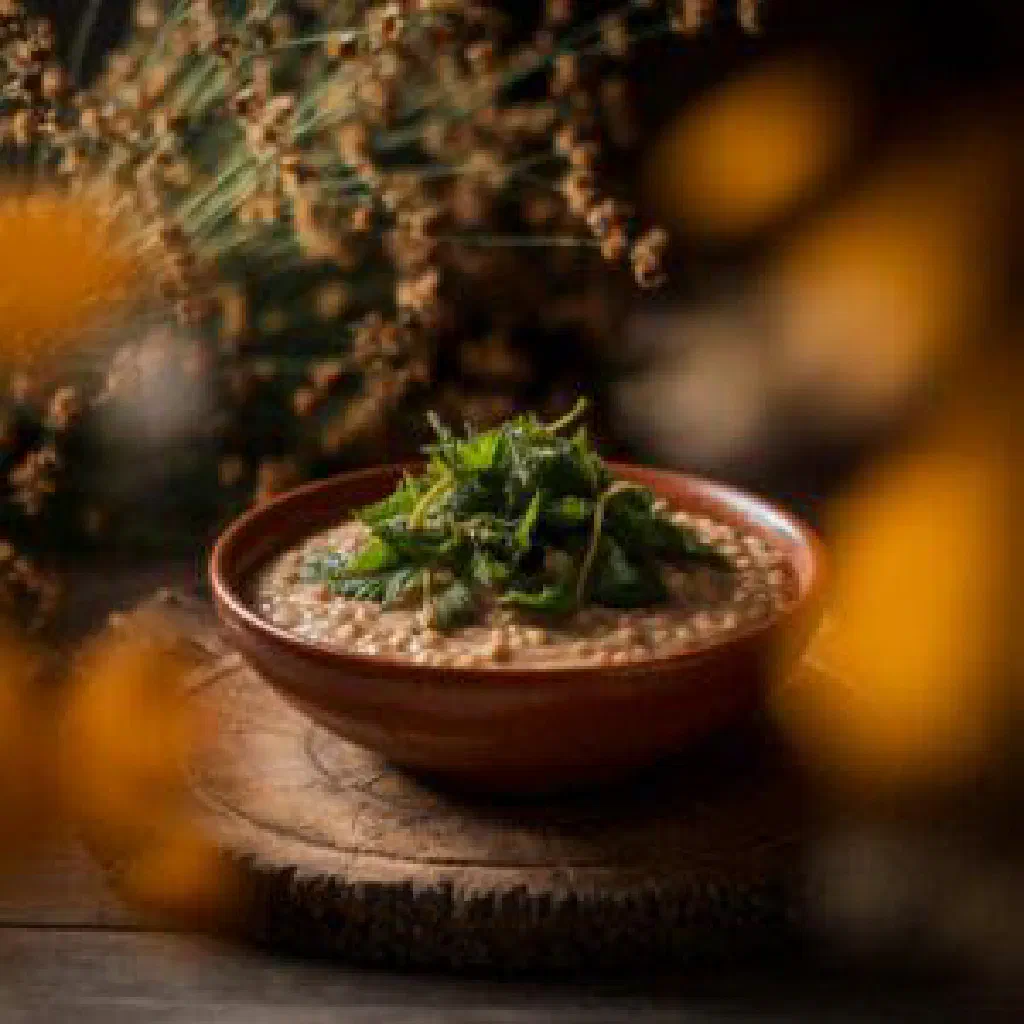 A bowl of green nettle shchi garnished with fresh dill
