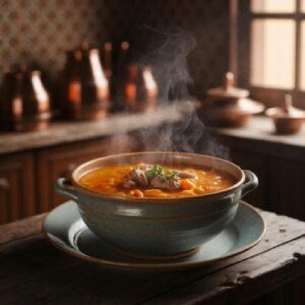 A hearty bowl of Russian skoblyanka with fish and vegetables, garnished with fresh dill